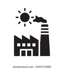 Ícone da fábrica de energia solar com um sol e edifício industrial representando a produção de energia renovável e tecnologia verde para o vetor industrial ícone de glifo sólido