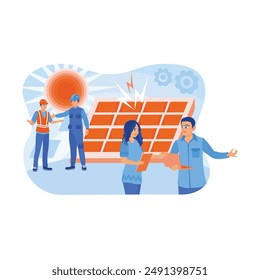 Solar power generation. Architect and technician installing solar panels for sustainable industry. Solar energy panels concept. Flat vector illustration.