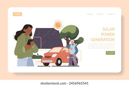 Generación de energía solar. Aprovechar la energía limpia con paneles solares cargando un coche eléctrico. Interconexión de tecnología y eco-vida. Dos generaciones abrazando las fuentes renovables.
