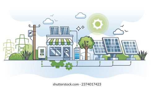 Solar power generation with sun panels and battery charging outline concept. Off grid system for house electricity collectors vector illustration. Ecological, sustainable and nature friendly energy.