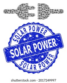 Solar Power grunge round seal and vector fractal mosaic electric connection. Blue stamp seal contains Solar Power title inside round shape.