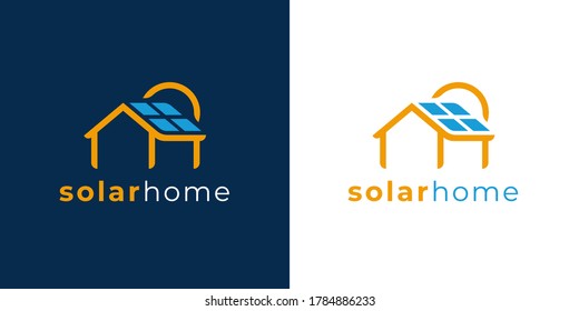 Solar Power Home Logo Icon Template. Solar Panel On Roof With House And Sun Sign. Alternative Energy Company Emblem. Renewable Electricity Business Symbol. Vector Illustration.