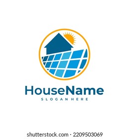 Solar power home logo icon template. Solar panel on roof with house and sun sign. Alternative energy company emblem. Renewable electricity business symbol. Vector illustration.