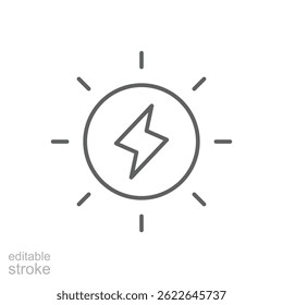Solar power icon. Simple outline style. Energy, sun and lightning, electric, nature, innovation, sustainability, environment concept. Thin line symbol. Vector illustration isolated. Editable stroke.