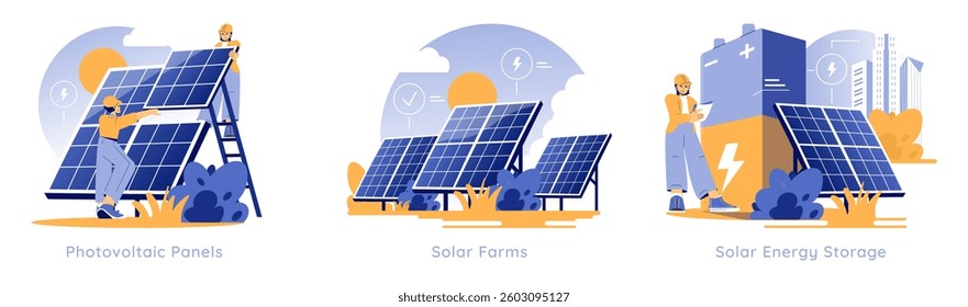 Solar Power illustration showcases the process and benefits of renewable energy. It depicts individuals working with photovoltaic panels, solar farms, and energy storage solutions for sustainable