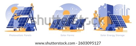 Solar Power illustration showcases the process and benefits of renewable energy. It depicts individuals working with photovoltaic panels, solar farms, and energy storage solutions for sustainable