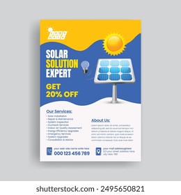 Solar power installation and repair, maintenance print Flyer or poster template , renewable energy, eco flyer or poster design