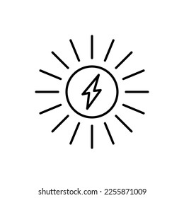 Solar power line icon. Lightning bolt inside sun with arrow. Renewable energy concept. Sustainable energy sources. Clean energy generation. Nature conservation. Vector illustration, flat, clip art.