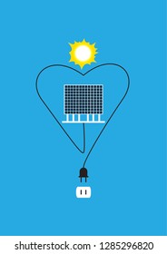 Solar Power Love And Heart Design Concept. The Sun Is Providing Power To Solar Panels On A Blue Background. Connected To The Solar Panels Is A Power Chord That Forms A Heart Shape.