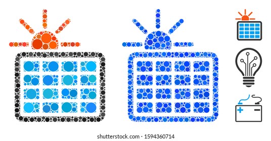 Solar power mosaic of filled circles in variable sizes and color hues, based on solar power icon. Vector filled circles are grouped into blue mosaic.