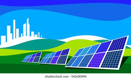 Solar power. Solar panels in field. Illustration in vector format
