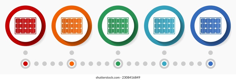Solar power, photovoltaic concept vector icon set, infographic template, flat design circle colorful web buttons in 5 color options
