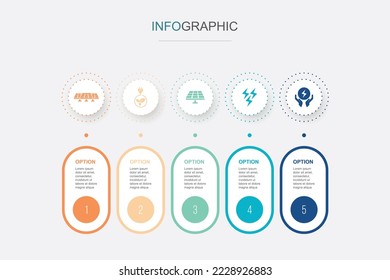 Solar Power Plant, clean energy, solar panel, energy, energy saving icons Infographic design template. Creative concept with 5 steps