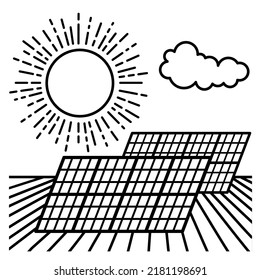 Solar Power Plant Logo. Eco Green Energy Concept. Vector Line Art Illustration