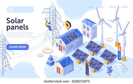 Solar power plant maintenance concept. Utility workers repairing electric installations, boxes on towers under power lines. For electric network operations, renewable energy topics, city services