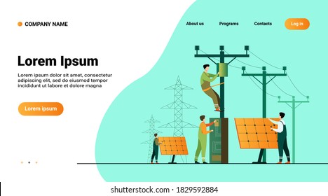 Solar power plant maintenance. Utility workers repairing electric installations, boxes on towers under power lines. For electric network operation, city service, renewable energy topics