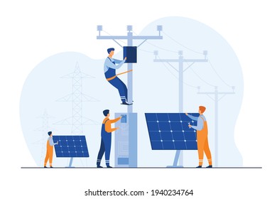 Solar power plant maintenance. Utility workers repairing electric installations, boxes on towers under power lines. For electric network operation, city service, renewable energy topics