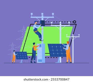 Solar power plant maintenance. Utility workers repairing electric installations, boxes on towers under power lines. For electric network operation, city service, renewable energy topics