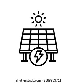 Solar power plant with solar panel, sun and electric symbol in black outline style