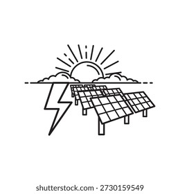 Solarkraftwerk mit Sonnenkollektorsonne und elektrischem Icon flachem Vektordesign.
