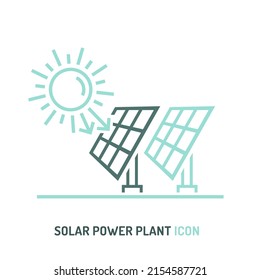Solar power plant. Renewable green power icon, sign. Alternative energy source. Innovation, future technology, ecology concept. Vector illustration in outline style isolated on a white background