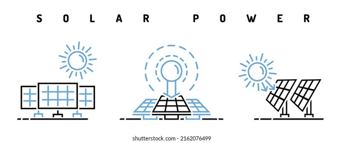 Solarkraftwerk. Symbol für erneuerbare grüne Energie, unterschreiben. Alternative Energiequelle. Innovation, Zukunftstechnologie, Umweltkonzept. Vektorgrafik im Konturstil einzeln auf weißem Hintergrund