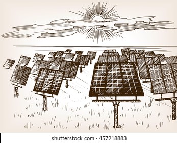 Solar Power Plant Sketch Style Vector Illustration. Old Hand Drawn Engraving Imitation.