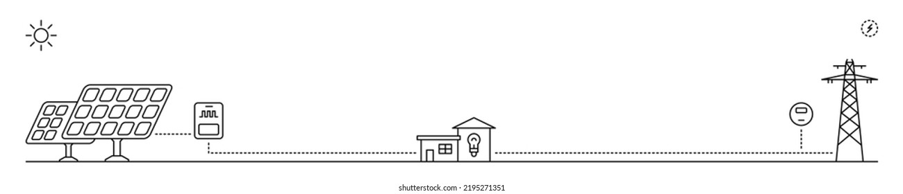 Solar power plant. Smart energy divider. Line art vector illustration.