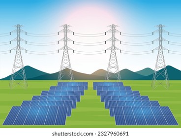 Solar Power Plant. Solar Power Station with Electric Tower and Power Line. Renewable Energy Sources. Clean and Green Energy. Vector Illustration. 