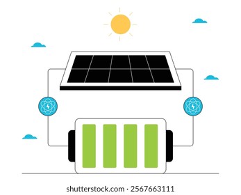 Solar power plant that produces electrical energy stored in batteries as alternative energy, green energy vector illustration.