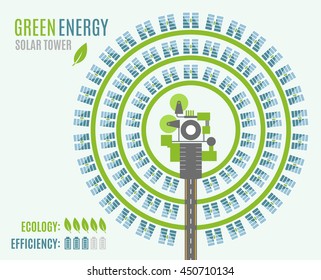 Solar Power Plant with Tower and heliostats, view from above. Modern Alternative Eco Green Energy. Vector illustration.