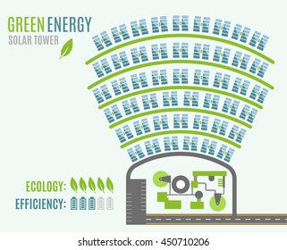 Solar Power Plant with Tower and heliostats, view from above. Modern Alternative Eco Green Energy. Vector illustration.