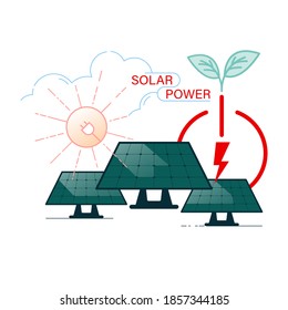 Solar power is a renewable and clean energy. Eco-friendly energy source. Vector illustration outline flat design style.