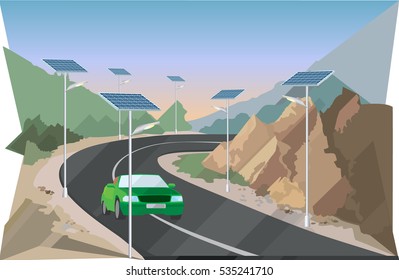 Solar power for road lighting. Vector illustration.