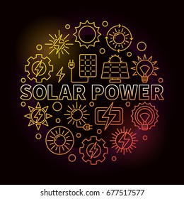 Solar power round colorful illustration. Vector energy from sunlight conversion into electricity concept symbol in thin line style on dark background