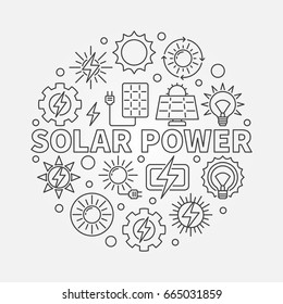 Solar power round illustration. Vector conversion of energy from sunlight into electricity concept symbol in thin line style