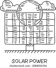  Solar power - sketchy vector illustration. Solar panel with the clouds and the sun.