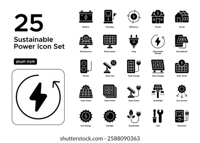 Solar Power Solutions. Alternative Energy, Sustainable Electricity, and Photovoltaic Systems. Vector Illustration. Glyph solid icon set