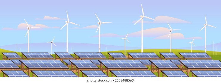 Solar power station banner flat illustration. Renewable green energy installation concept
