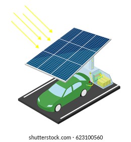 Solar power station for car. Electric car. Solar eco-parking. Vector illustration.