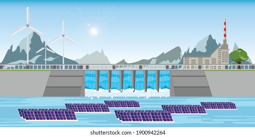 Solar power station float on water,Ecological energy renewable solar panel plant electric power,Floating solar panel on water in a dam vector illustration.
