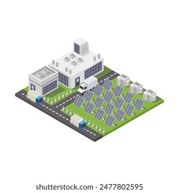Solar power station isometric illustrated on white background