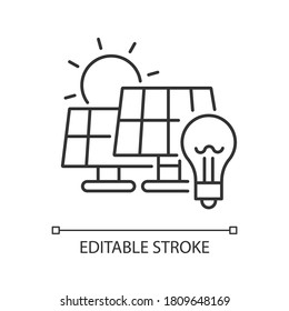 Solar Power Station Linear Icon. Renewable Energy, Alternative Electricity Manufacturing Thin Line Customizable Illustration. Contour Symbol. Vector Isolated Outline Drawing. Editable Stroke