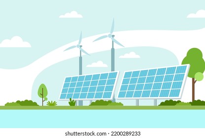 Solar power station, solar system icon with sun and green landscape background.
