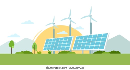 Solar power station, solar system icon with sun and green landscape background.