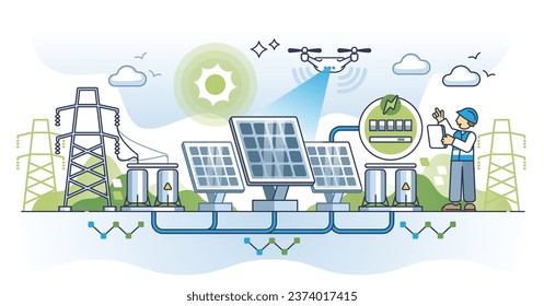 Concepto de esquema de control de eficiencia de la unidad de almacenamiento de energía solar y paneles solares. Sistema moderno de ilustración vectorial de producción de energía ecológica y respetuosa con la naturaleza. Carga ambiental con respaldo.