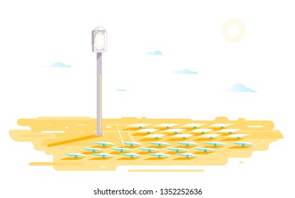 Solar power tower with many flat sun-tracking mirrors in desert, renewable energy concept illustration in flat style isolated