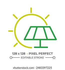 Solar power two color line icon. Solar panel and sun bicolor outline symbol. Renewable energy source. Alternative power. Duotone linear pictogram. Isolated illustration. Editable stroke