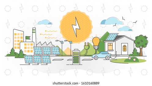 Solar power vector illustration. Alternative light energy outline concept. Renewable green electricity for car battery, industry 4.0 and street lamps. Roof panels for clean and sustainable solution.