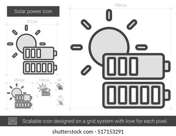 Icono de línea vectorial de potencia solar aislado en fondo blanco. Icono de línea de energía solar para infografía, sitio web o aplicación. Icono escalable diseñado en un sistema de cuadrícula.